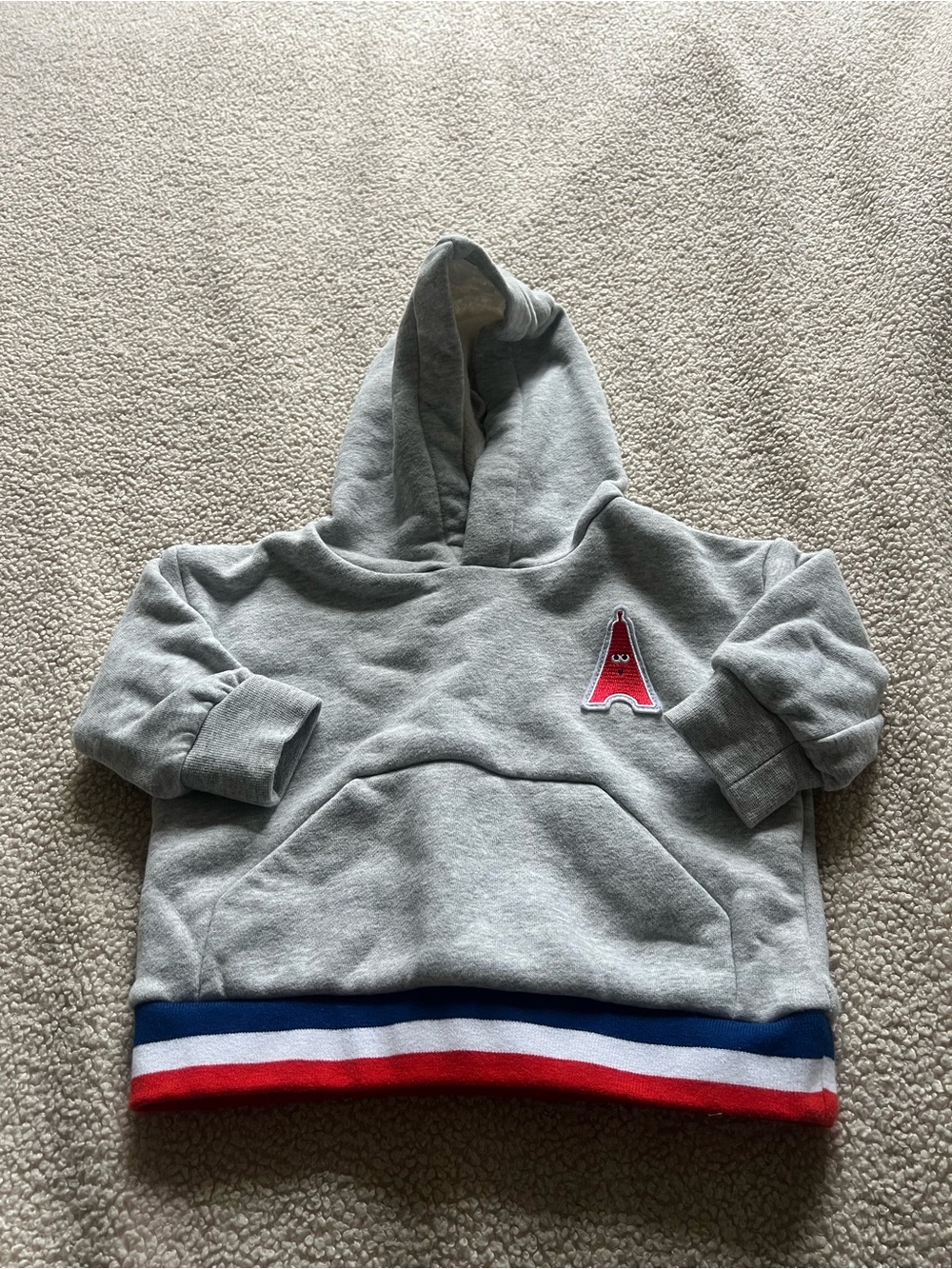 Jacadi Light Gray Hoodie with Red Letter Patch and Tricolor Hem